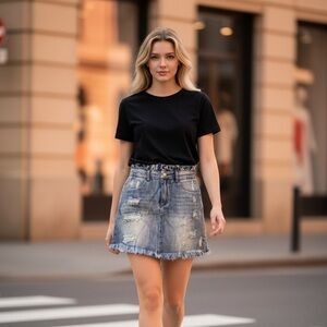 Size Small HAYDEN LOS ANGELES Womens Denim Skirt Blue Distressed‎ Paperbag Waist